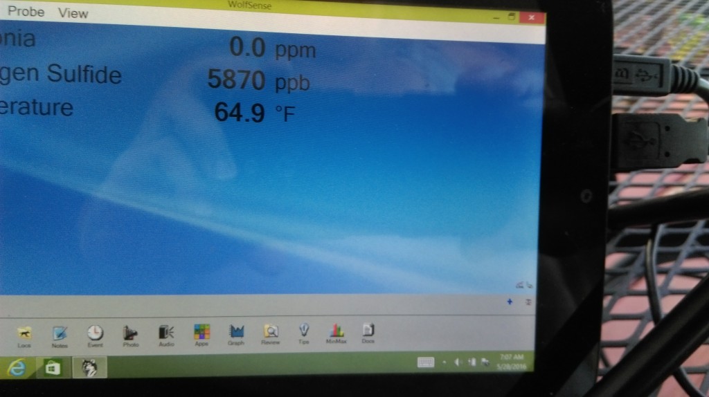 5870 PPB Hydrogen Sulfide levels 5/28/16 7:07 AM near Clayton MI Ambient Air Monitoring Equipment 